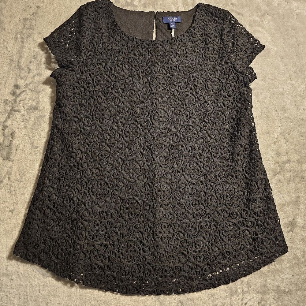 Kaari Blue Tunic Top Blouse‎ Womens Medium Black Floral Lace Career Workwear